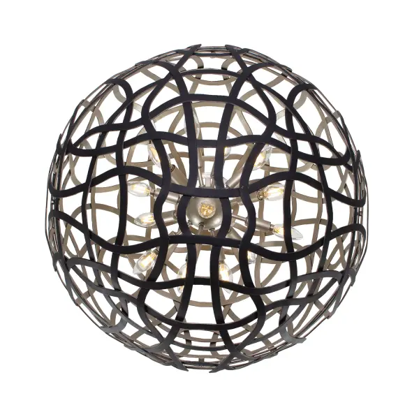 The Entice pendant's straightforward form beautifully highlights the meticulous craftsmanship evident in the intricate metalwork at every junction. Forged from steel and adorned with a dual-tone finish of Matte Black and Tarnished Silver (BTS), this piece exudes a moody yet organic design aesthetic. _________________ Collection: ENTICE Finish: Matte Black / Tarnish Silver Width: 28.00" Height: 28.00" Weight: 34.00 lb Wire: 96" Rod: (1) 6", (1) 12", (1) 24" Canopy: 5.5"x1.5" Number of Bulbs: 13 Maximum Wattage: 40.00 W Bulb Type: Candelabra Bulb Base: E12 Candelabra Dimmable Voltage: 120.00 V Material: Steel Country of Origin: Philippines Safety Listing: UL-cUL Safety Rating: DRY - alternate view