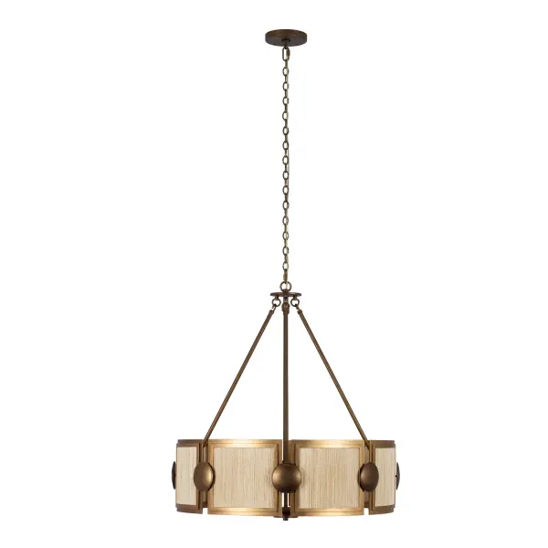 Transform your living space with the Button lighting fixture collection, where fashion meets fine linen textiles. Constructed from high-quality steel and complemented by abaca rope panels, this collection offers an unparalleled blend of style and functionality. The soft fabric inspiration of Button diffuses light to create a soothing and warm ambiance, making any room feel cozy and inviting. Each piece stands out with its unique design and premium materials, perfect for those who appreciate both aesthetics and comfort in their home decor. Bring a touch of elegance and warmth to your interiors with Button, finished in a luxurious Pearlized Antique Brass with Modern Gold accents (PABMG). Collection: Button Finish: Pearlized Antique Brass/Modern Gold Width: 29.00" Height: 30.50" Weight: 14.00 lb Chain: 48" Wire: 96" Canopy: 5.5"x1" Number of Bulbs: 8 Maximum Wattage: 40.00 W Bulb Type: Candelabra Bulb Base: E12 Candelabra Dimmable Voltage: 120.00 V Material: Steel Bleached Abaca Rope Country of Origin: Philippines Safety Listing: UL-cUL Safety Rating: Dry