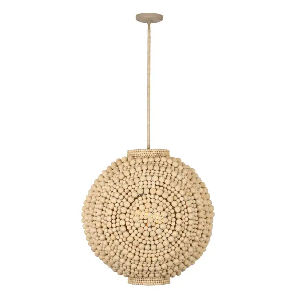 Illuminate your space with the Coaxial lighting collection, where the beauty of nature meets modern design. Handcrafted from wood beads, steel, and abaca rope, each fixture offers an organic yet organized aesthetic. The various-sized wood beads are thoughtfully arranged to create intriguing patterns, allowing light to pass through the natural materials, producing a warm, inviting glow. Perfect for any room, these fixtures add both texture and depth, highlighting their unique blend of coastal charm and industrial flair. Experience the true essence of artisanal craftsmanship with Coaxial. Collection: Coaxial Finish: Jute Width: 26.00" Height: 27.00" Weight: 35.00 lb Wire: 96" Rod: (1) 6" (1) 12" (1) 24" Canopy: 5.5"x1" Number of Bulbs: 6 Maximum Wattage: 40.00 W Bulb Type: Candelabra Bulb Base: E12 Candelabra Dimmable Voltage: 120.00 V Material: Steel Wood Ball Country of Origin: Philippines Safety Listing: UL-cUL Safety Rating: Dry