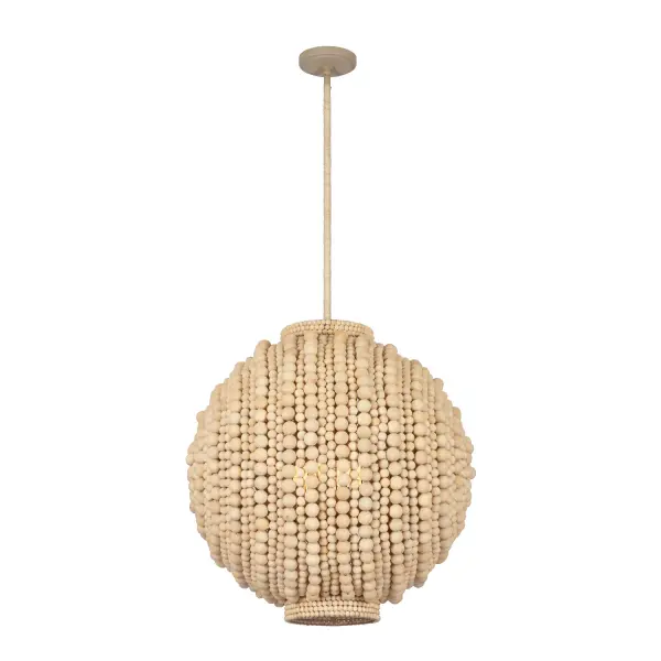 Illuminate your space with the Coaxial lighting collection, where the beauty of nature meets modern design. Handcrafted from wood beads, steel, and abaca rope, each fixture offers an organic yet organized aesthetic. The various-sized wood beads are thoughtfully arranged to create intriguing patterns, allowing light to pass through the natural materials, producing a warm, inviting glow. Perfect for any room, these fixtures add both texture and depth, highlighting their unique blend of coastal charm and industrial flair. Experience the true essence of artisanal craftsmanship with Coaxial. Collection: Coaxial Finish: Jute Width: 26.00" Height: 27.00" Weight: 35.00 lb Wire: 96" Rod: (1) 6" (1) 12" (1) 24" Canopy: 5.5"x1" Number of Bulbs: 6 Maximum Wattage: 40.00 W Bulb Type: Candelabra Bulb Base: E12 Candelabra Dimmable Voltage: 120.00 V Material: Steel Wood Ball Country of Origin: Philippines Safety Listing: UL-cUL Safety Rating: Dry - alternate view