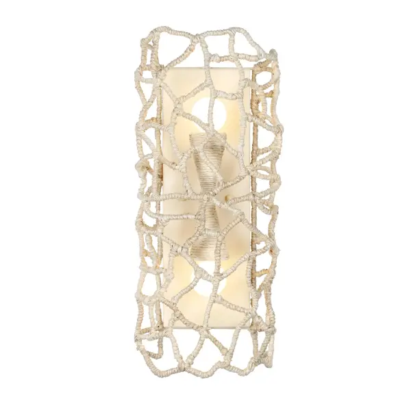 Illuminate your home with the organic elegance of our Reef collection. The artful frames are meticulously wrapped in Abaca bark by the hands of skilled artisans, creating a look that is both modern and natural. Inspired by nature's beauty and abstract forms, Reef's openwork design brings warmth and texture to any setting perfect for dining areas, living rooms, or entryways, and it will make your home feel both fresh and timeless. Collection: Reef Finish: Warm Ivory Width: 4.50" Height: 8.00" Length: 4.50" Extension from Wall: 19.00" Wire: 8" Rod: 8" Canopy: 5"x5"x4" Number of Bulbs: 2 Maximum Wattage: 40.00 W Bulb Base: E12 Candelabra Dimmable Voltage: 120.00 V Material: Steel, Abaca Country of Origin: Philippines Safety Rating: Damp Instructions
