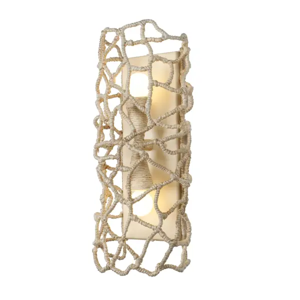 Illuminate your home with the organic elegance of our Reef collection. The artful frames are meticulously wrapped in Abaca bark by the hands of skilled artisans, creating a look that is both modern and natural. Inspired by nature's beauty and abstract forms, Reef's openwork design brings warmth and texture to any setting perfect for dining areas, living rooms, or entryways, and it will make your home feel both fresh and timeless. Collection: Reef Finish: Warm Ivory Width: 4.50" Height: 8.00" Length: 4.50" Extension from Wall: 19.00" Wire: 8" Rod: 8" Canopy: 5"x5"x4" Number of Bulbs: 2 Maximum Wattage: 40.00 W Bulb Base: E12 Candelabra Dimmable Voltage: 120.00 V Material: Steel, Abaca Country of Origin: Philippines Safety Rating: Damp Instructions - alternate view