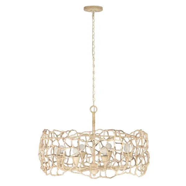 Illuminate your home with the organic elegance of our Reef collection. The artful frames are meticulously wrapped in Abaca bark by the hands of skilled artisans, creating a look that is both modern and natural. Inspired by nature's beauty and abstract forms, Reef's openwork design brings warmth and texture to any setting perfect for dining areas, living rooms, or entryways, and it will make your home feel both fresh and timeless. Collection: Reef Finish: Warm Ivory Width: 34.00" Height: 34.00" Length: 34.00" Weight: 34.00 lb Extension from Wall: 21.00" Chain: 119" Wire: 156" Rod: 156" Canopy: 0.75"x5.5"x15" Number of Bulbs: 8 Maximum Wattage: 40.00 W Bulb Base: E12 Candelabra Dimmable Voltage: 120.00 V Material: Steel, Abaca Country of Origin: Philippines Safety Rating: Dry Instructions - alternate view