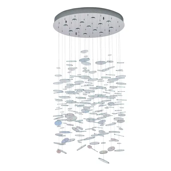 Bring art, light, and movement together in a captivating display with the Spettro foyer chandelier. Dozens of multi-colored dichroic glass discs are suspended by strong, thin stainless steel cable, creating a light and airy feel that can seamlessly blend with existing room styles or be a playful statement piece with its many colors and iridescent, bubble-like look. The downlights and Polished Chrome (CH) finish subtly support in the background and allow this fixture to be as much a sculptural installation as it is a source of light. Collection: Spettro Finish: Polished Chrome Width: 36.00" Height: 36.00" Length: 36.00" Weight: 36.00 lb Extension from Wall: 96.00" Chain: 96" Wire: 12" Rod: 12" Canopy: 3"x36"x124" Bulbs Included Number of Bulbs: 13 Maximum Wattage: 50.00 W Bulb Base: GU10 Dimmable Voltage: 120.00 V Material: Iron, Stainless Steel, Glass Country of Origin: China Safety Rating: Damp Instructions