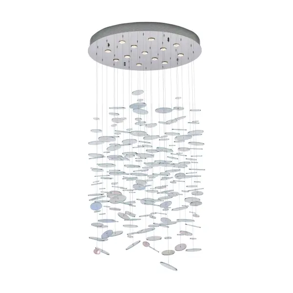 Bring art, light, and movement together in a captivating display with the Spettro foyer chandelier. Dozens of multi-colored dichroic glass discs are suspended by strong, thin stainless steel cable, creating a light and airy feel that can seamlessly blend with existing room styles or be a playful statement piece with its many colors and iridescent, bubble-like look. The downlights and Polished Chrome (CH) finish subtly support in the background and allow this fixture to be as much a sculptural installation as it is a source of light. Collection: Spettro Finish: Polished Chrome Width: 36.00" Height: 36.00" Length: 36.00" Weight: 36.00 lb Extension from Wall: 96.00" Chain: 96" Wire: 12" Rod: 12" Canopy: 3"x36"x124" Bulbs Included Number of Bulbs: 13 Maximum Wattage: 50.00 W Bulb Base: GU10 Dimmable Voltage: 120.00 V Material: Iron, Stainless Steel, Glass Country of Origin: China Safety Rating: Damp Instructions - alternate view