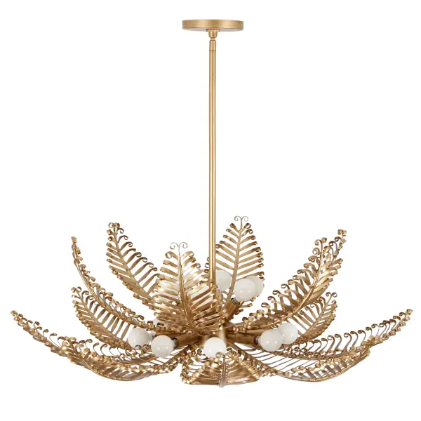 Nature's elegance meets masterful craftsmanship with our Fern collection. Inspired by the delicate curling of fern leaves, these fixtures harmonize organic form and refined artistry through their thoughtful, meticulous construction. Each leaf is individually hand-forged by expert blacksmiths, who twist, curl, and sculpt the metal to perfection, creating natural grace and warmth from the rigid material. Complemented by our Modern Gold (MG) finish, the warm diffused light of our Fern collection filters through each curl, provoking a feeling of sophistication and luxuriousness, all while staying rooted in nature. Collection: Fern Finish: Modern Gold Width: 36.00" Height: 36.00" Length: 36.00" Weight: 36.00 lb Extension from Wall: 13.50" Chain: 50" Wire: 96" Rod: (1) 6" / (1) 12" / (1) 24" Canopy: 0.75"x5.5"x21" Number of Bulbs: 14 Maximum Wattage: 40.00 W Bulb Base: E12 Candelabra Dimmable Voltage: 120.00 V Material: Forged Iron Country of Origin: Philippines Safety Rating: Dry Instructions