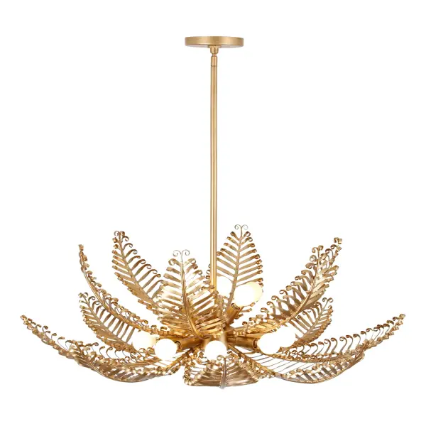 Nature's elegance meets masterful craftsmanship with our Fern collection. Inspired by the delicate curling of fern leaves, these fixtures harmonize organic form and refined artistry through their thoughtful, meticulous construction. Each leaf is individually hand-forged by expert blacksmiths, who twist, curl, and sculpt the metal to perfection, creating natural grace and warmth from the rigid material. Complemented by our Modern Gold (MG) finish, the warm diffused light of our Fern collection filters through each curl, provoking a feeling of sophistication and luxuriousness, all while staying rooted in nature. Collection: Fern Finish: Modern Gold Width: 36.00" Height: 36.00" Length: 36.00" Weight: 36.00 lb Extension from Wall: 13.50" Chain: 50" Wire: 96" Rod: (1) 6" / (1) 12" / (1) 24" Canopy: 0.75"x5.5"x21" Number of Bulbs: 14 Maximum Wattage: 40.00 W Bulb Base: E12 Candelabra Dimmable Voltage: 120.00 V Material: Forged Iron Country of Origin: Philippines Safety Rating: Dry Instructions - alternate view