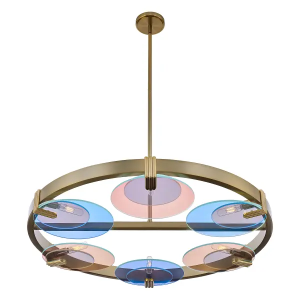Elevate your space with the contemporary Optics collection, expertly crafted and finished in a rich Winter Brass (WB) finish. The eye-catching iridescent dichroic glass discs are held in place by refined, finely machined brass holders, creating a dynamic, artistic flair with a luxurious twist for your home. Ideal for dining areas, living rooms, or commercial spaces, this simply sleek collection provides both style and illumination, becoming a captivating focal point in any setting. Collection: Optics Finish: Winter Brass Width: 36.00" Height: 36.00" Length: 36.00" Weight: 36.00 lb Extension from Wall: 3.25" Chain: 48" Wire: 96" Rod: (1) 6" / (1) 12" / (1) 24" Canopy: 1"x5"x56" Number of Bulbs: 6 Maximum Wattage: 6.00 W Bulb Base: E12 Candelabra Dimmable Voltage: 120.00 V Material: Steel, Glass Country of Origin: China Safety Rating: Dry Instructions