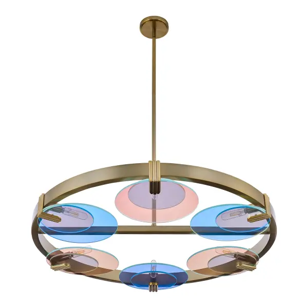 Elevate your space with the contemporary Optics collection, expertly crafted and finished in a rich Winter Brass (WB) finish. The eye-catching iridescent dichroic glass discs are held in place by refined, finely machined brass holders, creating a dynamic, artistic flair with a luxurious twist for your home. Ideal for dining areas, living rooms, or commercial spaces, this simply sleek collection provides both style and illumination, becoming a captivating focal point in any setting. Collection: Optics Finish: Winter Brass Width: 36.00" Height: 36.00" Length: 36.00" Weight: 36.00 lb Extension from Wall: 3.25" Chain: 48" Wire: 96" Rod: (1) 6" / (1) 12" / (1) 24" Canopy: 1"x5"x56" Number of Bulbs: 6 Maximum Wattage: 6.00 W Bulb Base: E12 Candelabra Dimmable Voltage: 120.00 V Material: Steel, Glass Country of Origin: China Safety Rating: Dry Instructions - alternate view