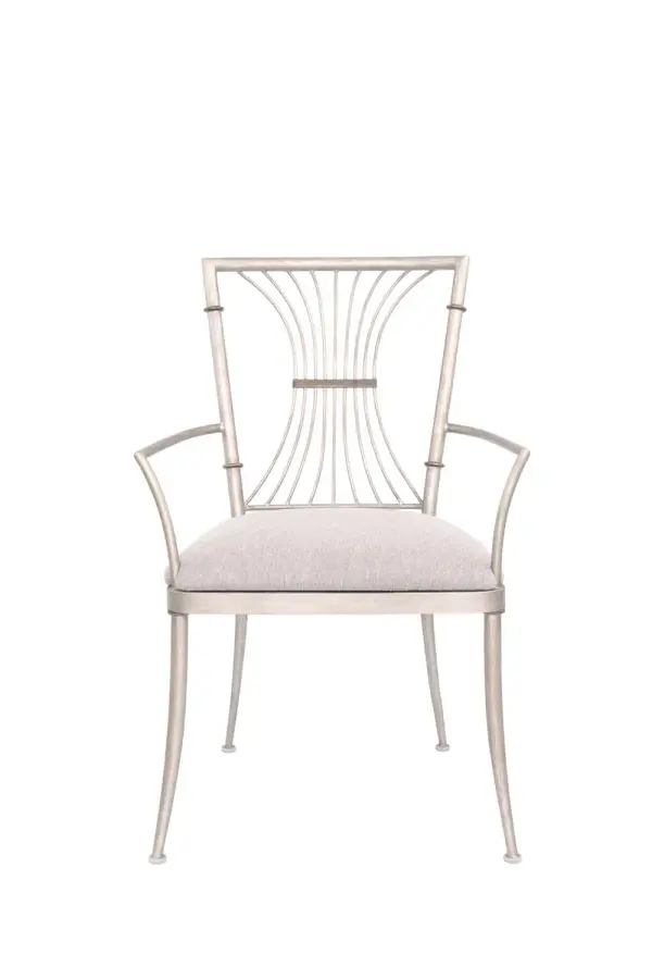 Hand Forged Wrought Iron in a Pear Silver finish with Stain Resistant Commercial Grade Fabric Covered cushions. Collection: Bal Harbour Rooms: Kitchen, Dining Room, Family Room, Den Finish: Pearl Silver Width: 22.00" Height: 36.00" Length: 25.00" Weight: 30.00 lb Dimmable Voltage: 120.00 V Material: Hand Forged Wrought Iron , Tempered Glass , Commercial Fabric Country of Origin: Phillipines Safety Listing: cETL Safety Rating: Dry