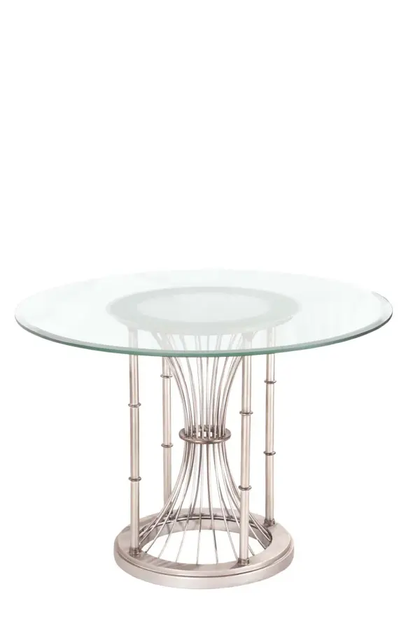 Hand Forged Wrought Iron in a Pear Silver finish with Glass top included. Collection: Bal Harbour Rooms: Kitchen, Game Room, Bar, Dinette Finish: Pearl Silver Width: 42.00" Height: 30.00" Weight: 45.00 lb Dimmable Voltage: 120.00 V Material: Hand Forged Wrought Iron , Tempered Glass , Commercial Fabric Country of Origin: Phillipines Safety Listing: cETL Safety Rating: Dry