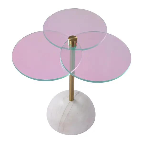 The Petali drink table was inspired by a cherry blossom as outlined in the trio of petal-like glass tops that are adjustable to whatever shape you desire. The table features an authentic white marble base and a trendy brushed brass finish. At a diameter and height of 22″, this would nestle nicely beside any sofa or armchair for a beautiful pop of multi-color and is sure to be a conversation piece. At Modern Elements, our dichroic occasional furniture is a true blend of metals that are fused together to create a glass film. Collection: Petali Finish: Natural Brass Width: 22.00" Height: 22.00" Weight: 67.00 lb Material: Marble, Dichroic Glass, Steel Country of Origin: China