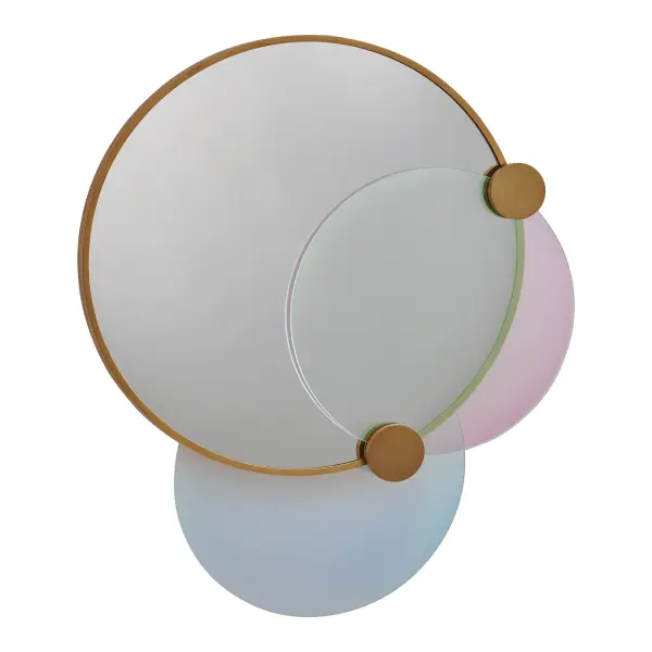 Transform your space with a touch of elegance and craftsmanship! The Colorways mirror in a stunning True Brass finish, adorned with two dazzling dichroic glass rounds, is a masterpiece that adds a sophisticated flair to any room. Perfect for those who appreciate find design, this mirror not only reflects light but also enhances the beauty of your home. Constructed from high-quality materials, this mirror is both durable and stylish. The 36 inch diameter is perfect for making a bold statement without overwhelming your space. Ideal for living rooms, entryways, or bedrooms, it provides both functionality and a decorative accent that can enhance any interior design. Easy to mount, it will reflect light beautifully, brightening up your home effortlessly. Collection: Colorways Finish: True Brass Width: 36.00" Height: 40.00" Extension from Wall: 3.00" Canopy: 20"x1" Material: Brass Wood Glass Mirror Country of Origin: China Safety Rating: Damp