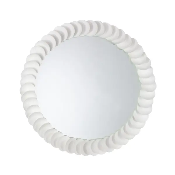 Handcrafted authentic coconut shell mirror. The coconut rounds are layered around a 31-inch mirror creating a statement piece for any room in the house. A light and airy feel with a trendy matte white finish. ______________________________________________________________________________ ______________________________________________________________________________ ________________________________________________________________ Collection: Cocco Finish: Matte White Width: 31.00" Length: 31.00" Extension from Wall: 3.00" Canopy: 31" Material: Mirror Steel,Coconut Shell Country of Origin: Philippines ADA Instructions