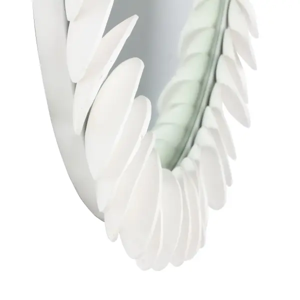 Handcrafted authentic coconut shell mirror. The coconut rounds are layered around a 31-inch mirror creating a statement piece for any room in the house. A light and airy feel with a trendy matte white finish. ______________________________________________________________________________ ______________________________________________________________________________ ________________________________________________________________ Collection: Cocco Finish: Matte White Width: 31.00" Length: 31.00" Extension from Wall: 3.00" Canopy: 31" Material: Mirror Steel,Coconut Shell Country of Origin: Philippines ADA Instructions - alternate view