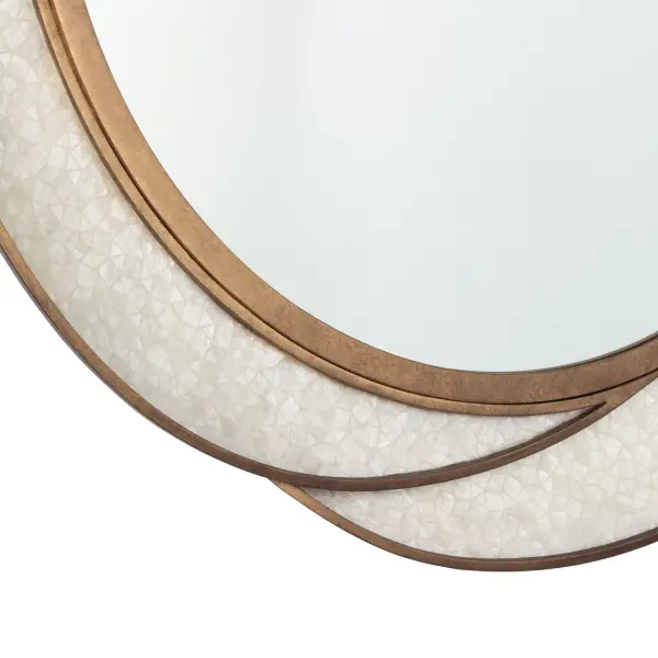 The Rose mirror is inspired by Peonies and Roses. The overlapping petals and soft look provide a more geometric and abstract take on flowers. Featuring a natural Capiz shell inset like jewelry that shimmers in the light. Finished in a Pearlized Antique Brass for a soft luxurious feel that still gives a natural and modern style. ______________________________________________________________________________ ______________________________________________________________________________ Collection: Rose Finish: Pearlized Antique Brass Width: 36.00" Length: 36.00" Extension from Wall: 3.00" Canopy: 36" Material: Capiz Steel Mirror Country of Origin: Philippines Safety Rating: Dry Instructions - alternate view