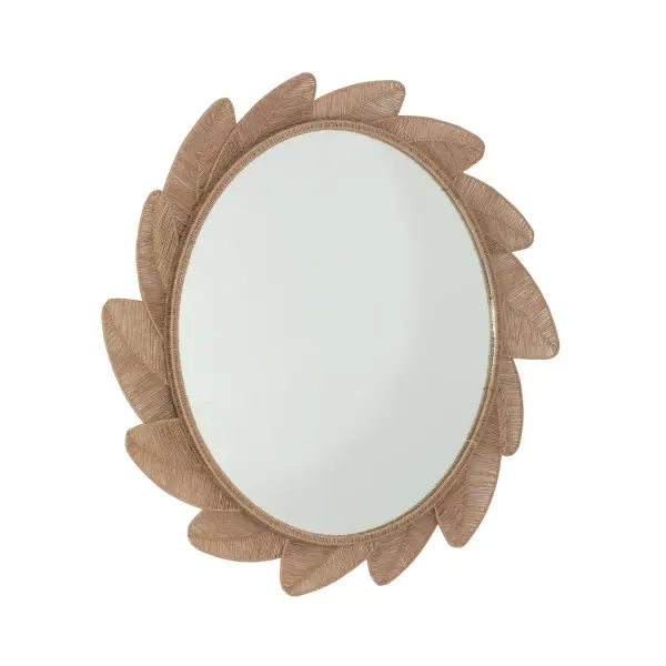Inspired by a pile of leaves and how the overlap, the Foglie mirror features a fine just rope that adds softness to the steel frame and represents the veining found in leaves. Add comfort and a natural playfulness to any space where you would like to add brightness and uplift the area. ______________________________________________________________________________ ______________________________________________________________________________ Collection: Foglie Finish: Jute Width: 40.00" Length: 40.00" Extension from Wall: 2.00" Canopy: 40" Material: Steel Mirror Jute Country of Origin: Philippines Safety Rating: Dry Instructions - alternate view
