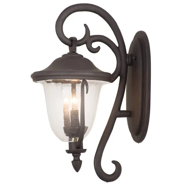 The Santa Barbara Collection was inspired by Colonial Mexico's Mission Churches and Cathedrals. The long history of hand-crafted wrought iron, shared by both Mexico and Kalco, come together to create a series of outdoor lighting pieces that feature Kalco's exclusive Burnished Bronze, Textured Matte Black finishes and Clear Seeded Hammered Glass shades. Collection: Santa Barbara Outdoor Rooms: Living Room, Bedroom, Family Room, Dining Room Finish: Textured Matte Black Glass: Clear Seedy Width: 11.00" Height: 19.50" Weight: 4.00 lb Extension from Wall: 13.00" Wire: 6" Mounting Height: 6.00" Canopy: 6.5"x12.5"x1.25" Number of Bulbs: 2 Maximum Wattage: 60.00 W Bulb Base: E12 Candelabra Dimmable Voltage: 120.00 V Material: Aluminum Country of Origin: China Safety Listing: cETL Safety Rating: Wet