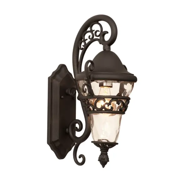 The Anastasia Outdoor collection combines eye-catching Art Nouveau scrollwork with traditional lantern design. The delicate curves of this design are highlighted by Kalco's exclusive Outdoor finishes and our Clear Hammered Glass creates a flickering effect to the eletric lights. This combination is sure to add a touch of whimsical elegance to any outdoor space. Collection: Anastasia Outdoor Rooms: Living Room, Bedroom, Family Room, Dining Room Finish: Textured Matte Black Width: 9.50" Height: 17.00" Weight: 5.00 lb Extension from Wall: 10.50" Wire: 6" Mounting Height: 9.50" Canopy: 4.63"x10.13" Number of Bulbs: 1 Maximum Wattage: 100.00 W Bulb Type: Medium Bulb Base: E26 Medium Dimmable Voltage: 120.00 V Material: Aluminum , Glass Country of Origin: China Safety Listing: cETL Safety Rating: Wet