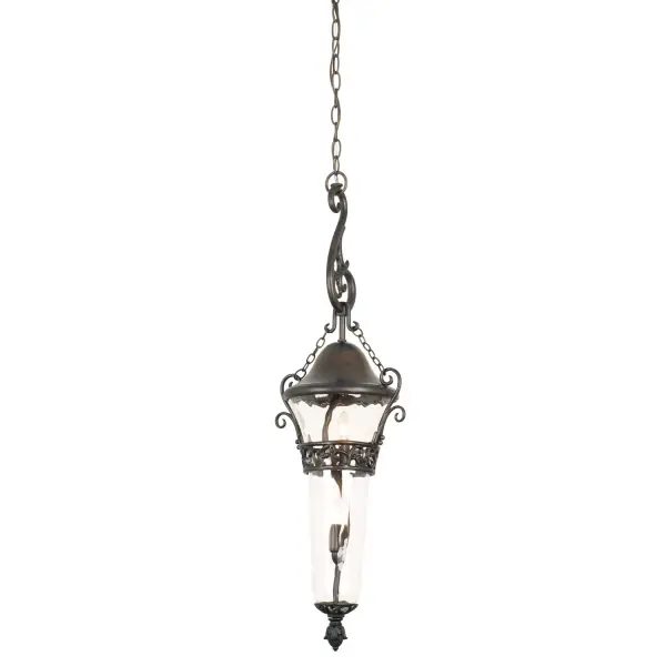 The Anastasia Outdoor collection combines eye-catching Art Nouveau scrollwork with traditional lantern design. The delicate curves of this design are highlighted by Kalco's exclusive Outdoor finishes and our Clear Hammered Glass creates a flickering effect to the eletric lights. This combination is sure to add a touch of whimsical elegance to any outdoor space. Collection: Anastasia Outdoor Rooms: Foyer, Kitchen, Dining Room, Den Finish: Burnished Bronze Glass: Clear Hammered Width: 12.00" Height: 36.00" Weight: 7.00 lb Chain: 96" Wire: 120" Canopy: 5"x1" Number of Bulbs: 2 Maximum Wattage: 60.00 W Bulb Base: E12 Candelabra Dimmable Voltage: 120.00 V Material: Aluminum , Glass Country of Origin: China Safety Listing: cETL Safety Rating: Wet