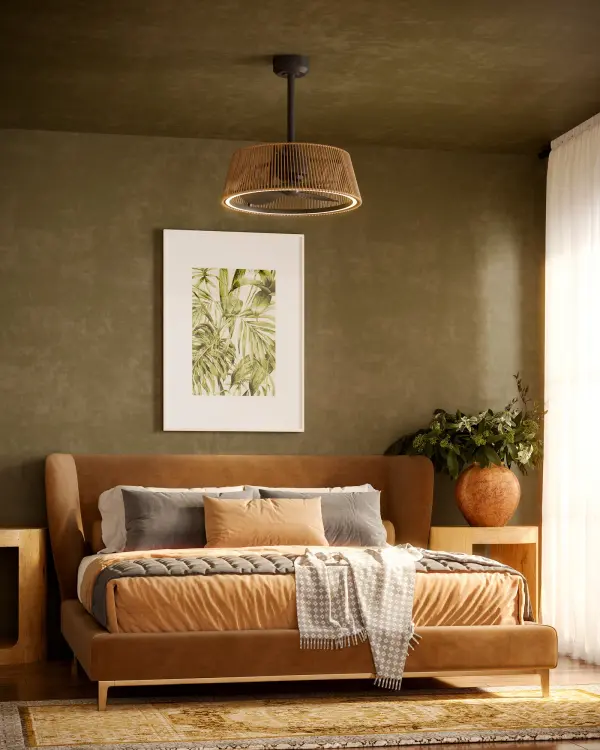The Isla combines natural cotton rope accents with contemporary design, offering 6-speed performance and integrated LED with 5 selectable color temperatures. Smart home compatible with included remote control for effortless operation. - alternate view