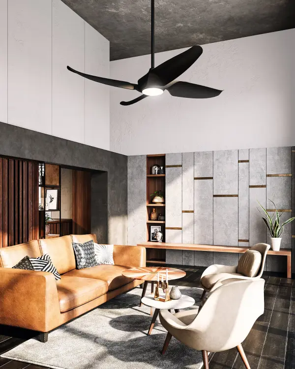 The Coronado combines sleek modern design with industrial accents in a 56-inch smart ceiling fan. Features integrated 3000K LED lighting, six-speed control, remote operation, and Smart by Bond app compatibility for ultimate convenience. - alternate view