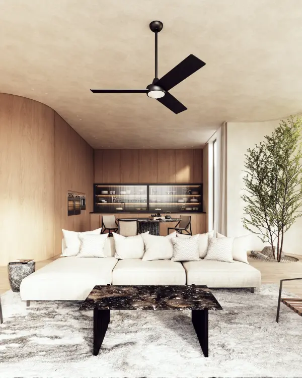 The Owens combines minimalist design with practical functionality, featuring sleek fan blades and a distinctive triangular LED diffuser. Six-speed operation and dimmable warm white LED make it versatile for any modern space. - alternate view