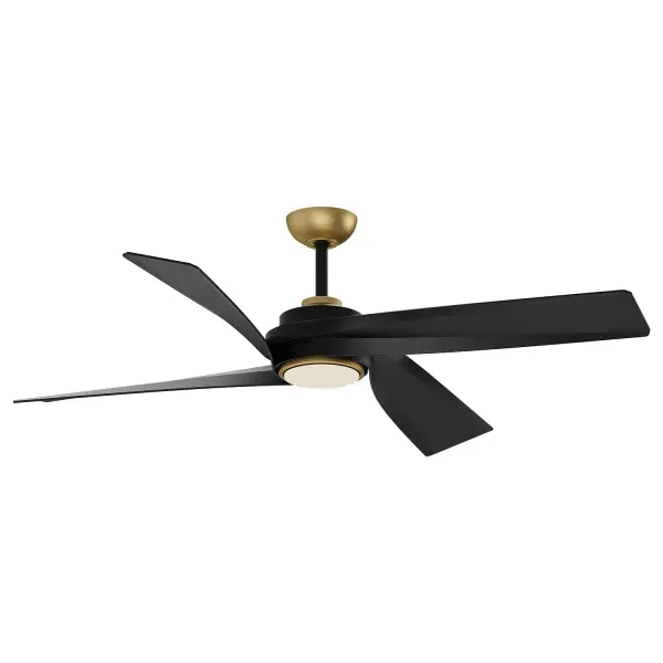 The Horizon ceiling fan combines contemporary styling with practical features including six-speed remote control, dimmable LED lighting, and sloped ceiling adaptability. Its Brushed Gold finish adds warmth.