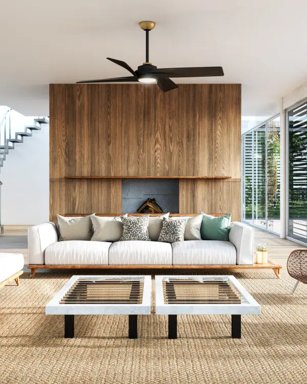 The Horizon ceiling fan combines contemporary styling with practical features including six-speed remote control, dimmable LED lighting, and sloped ceiling adaptability. Its Brushed Gold finish adds warmth. - alternate view