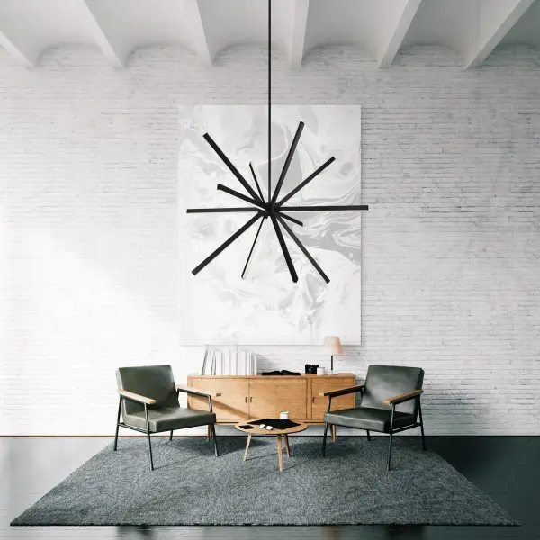 The Sirius 48-inch chandelier makes a bold contemporary statement with its radiating starburst design. Integrated LED technology provides energy-efficient warm white illumination while the sculptural form creates dynamic shadows and highlights. - alternate view