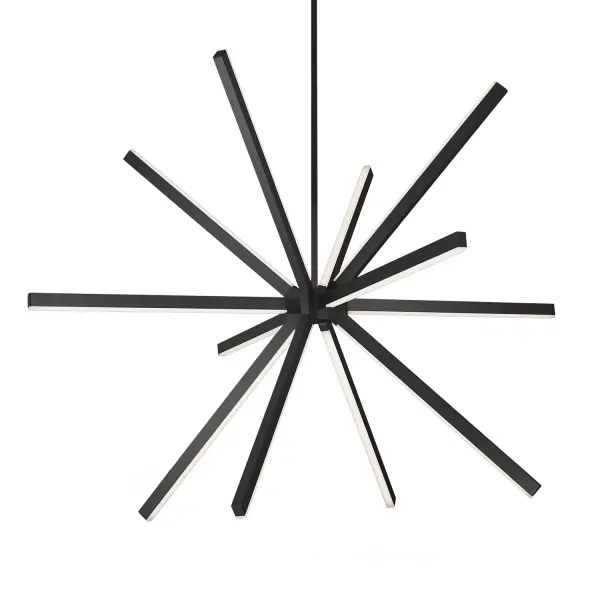 The Sirius 56-inch chandelier makes a bold visual statement with its starburst array of elements radiating from a central point. The burnished white finish creates dynamic interplay with light, revealing shifting highlights and shadows. Integrated 3000K LED provides warm, energy-efficient illumination perfect for contemporary spaces.