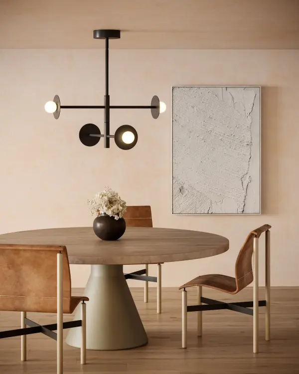 The Elixir chandelier delivers striking visual impact through its blend of organic opal glass globes and bold modern disks. Integrated LED technology provides warm, energy-efficient lighting perfect for contemporary and transitional spaces. - alternate view