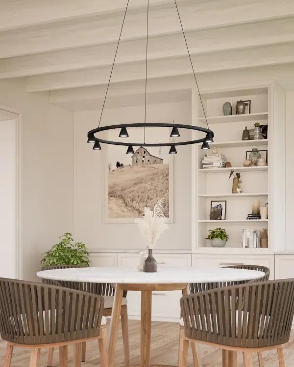 The Dune chandelier features geometric aluminum cones arranged in a linear configuration, delivering focused downward lighting through integrated LED sources. Its minimalist aesthetic and brushed nickel finish make it versatile for modern interiors. - alternate view
