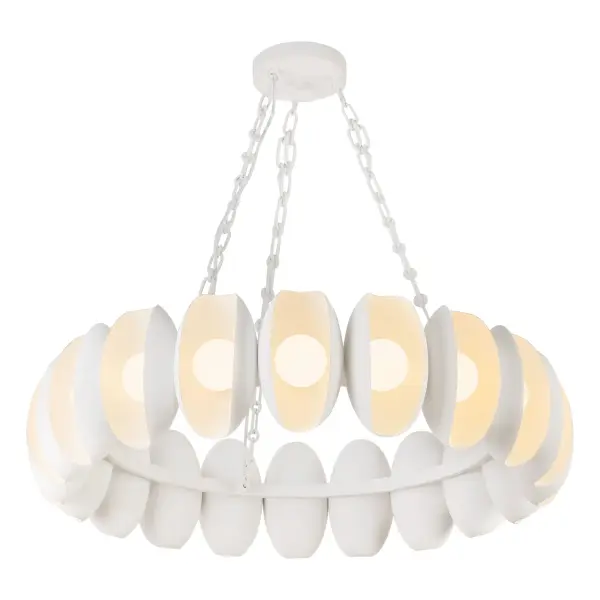 The Cortez chandelier brings refined coastal charm with its shell-inspired design and integrated LED pearls of light. The Aged White finish and sculptural chain detailing create a jewelry-like statement piece perfect for elevating any space. - alternate view