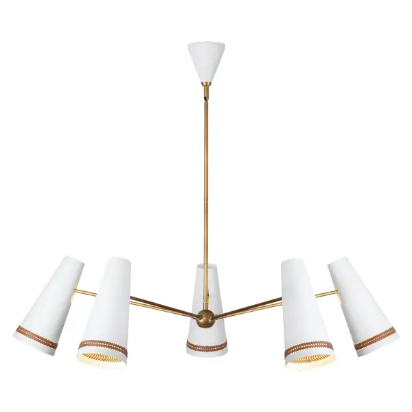 The Brickell 45-inch chandelier redefines luxury lighting with its striking fusion of Mid-Century silhouettes and handcrafted hazelnut leather details. This statement piece brings textural sophistication to large spaces.