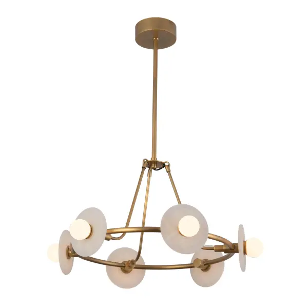 The Dahlia chandelier brings nature-inspired sophistication with ribbed alabaster plates and opal glass accents. Each piece features unique natural veining, creating diffused ambient lighting perfect for transitional interiors. - alternate view