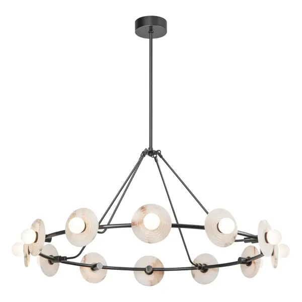 The Dahlia chandelier brings nature-inspired luxury with ribbed alabaster plates and opal glass pearls. At 46 inches, this statement piece creates perfect diffused mood lighting with integrated 2700K LED technology.