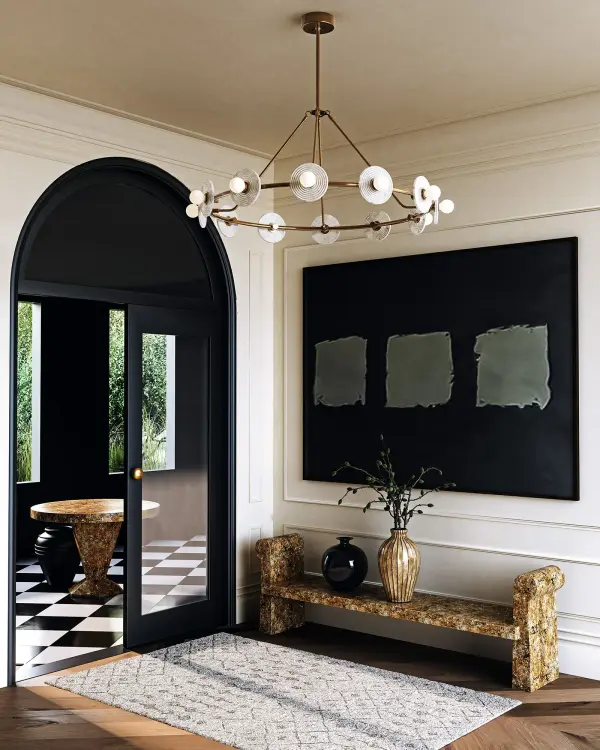 The Dahlia chandelier brings nature-inspired luxury with ribbed alabaster plates and opal glass pearls. At 46 inches, this statement piece creates perfect diffused mood lighting with integrated 2700K LED technology. - alternate view