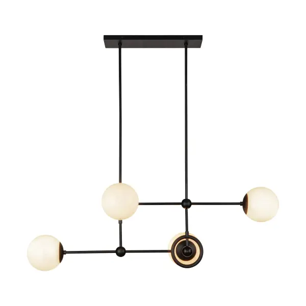 The Fiore chandelier brings whimsical mid-century design to modern spaces with its captivating interplay of light through glossy opal glass and decorative metal rings, creating dynamic shadows and visual interest.