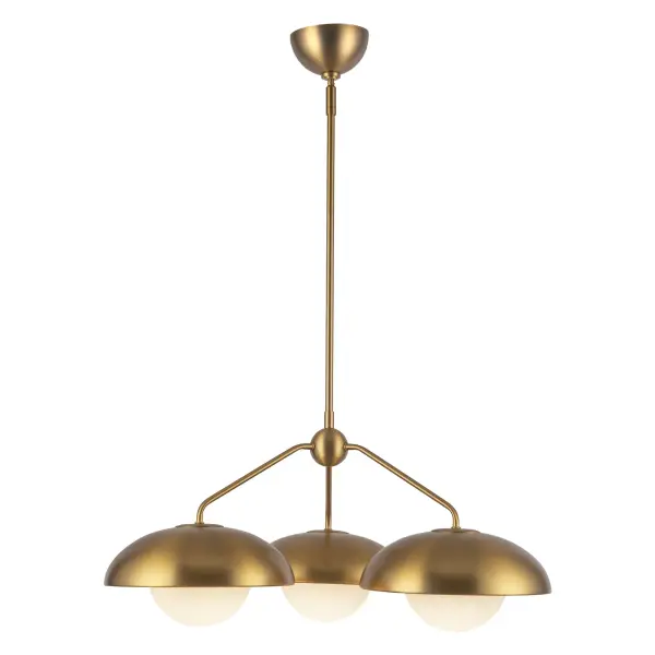 The Rubio chandelier blends mid-century design with contemporary flair through oversized half-shades and stunning opal glass globes. Its artistic yet minimal aesthetic makes it a versatile statement piece for multiple spaces.