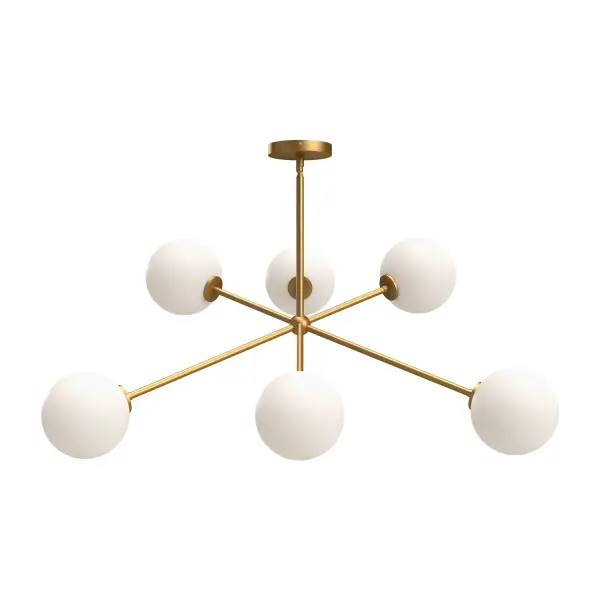 The Cassia 40-inch chandelier brings dramatic mid-century flair with its Sputnik-inspired design and clear glass globes. Perfect for making a bold statement in dining rooms and living spaces while maintaining versatility.