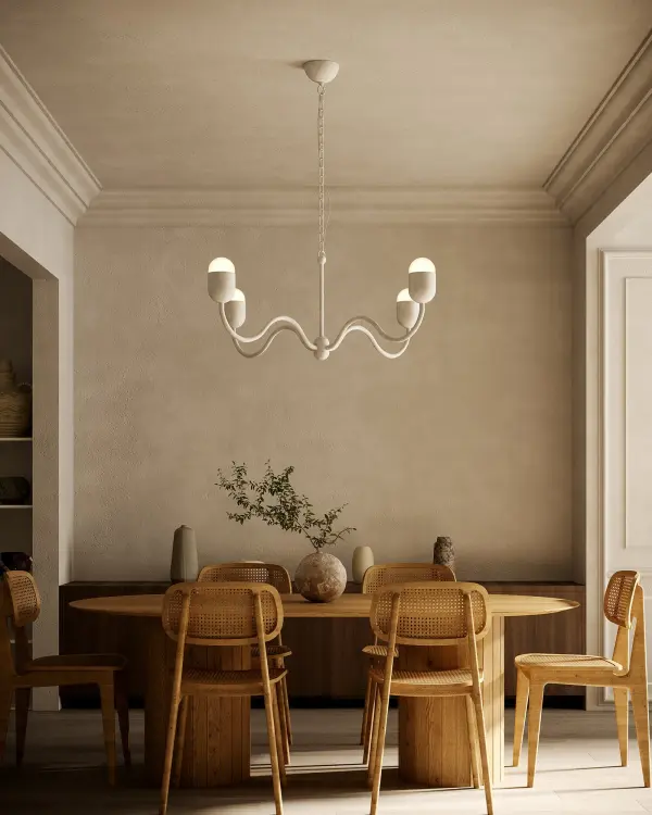 The Effie chandelier reimagines the classic candelabra with organically curved arms and a whimsical wavy silhouette. Its matte black finish paired with opal glass creates a sophisticated yet playful statement piece perfect for contemporary and transitional spaces. - alternate view