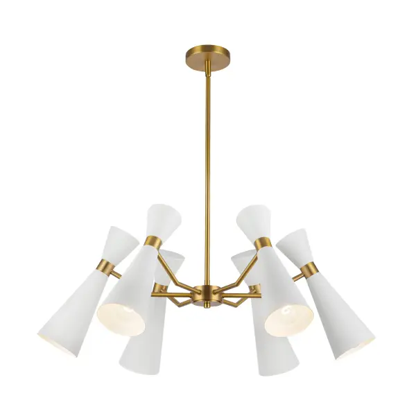 The Blake chandelier combines classic mid-century geometric design with a unique bowtie detail in Aged Gold. Its 32-inch size makes it versatile for multiple rooms while the white shade with gold accents adds timeless sophistication.