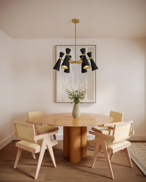 The Blake chandelier combines classic mid-century geometric design with a unique bowtie detail in Aged Gold. Its 32-inch size makes it versatile for multiple rooms while the white shade with gold accents adds timeless sophistication. - alternate view