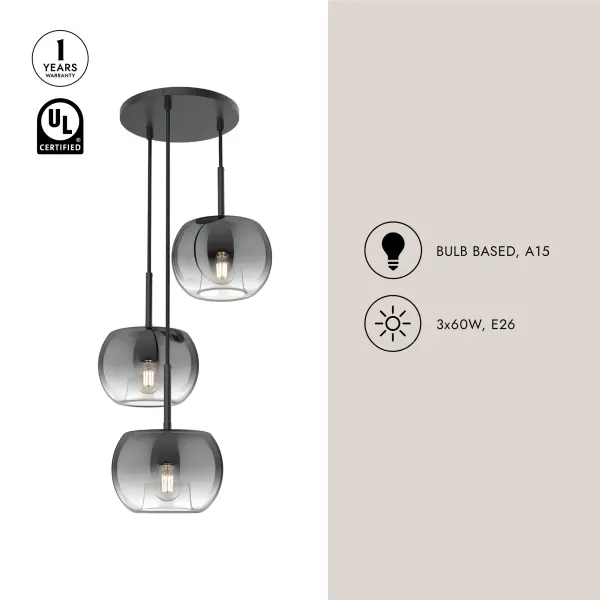 Samar 14-Inch Chandelier in Matte Black with Smoke Glass - Image 11