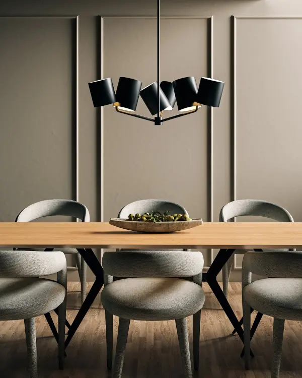 The Keiko chandelier blends vintage Mid-Century playfulness with modern sensibilities through its distinctive dual shade design and asymmetrical silhouette. The Brushed Gold finish adds warmth and sophistication to contemporary spaces. - alternate view