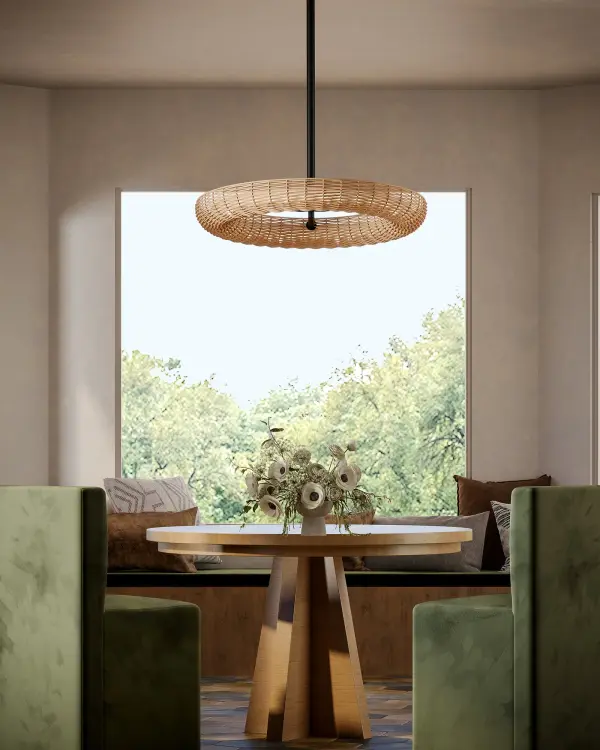 The Maris chandelier combines natural rattan texture with modern integrated LED lighting, creating an inviting focal point. Its 24-inch diameter makes it versatile for medium-sized spaces while the warm 3000K color temperature enhances ambiance. - alternate view