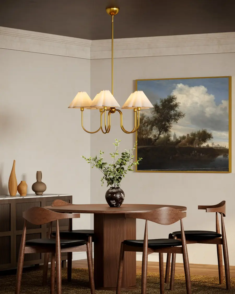 Rosemary 31-Inch Chandelier in Brushed Gold with Folded White Shades - Image 2