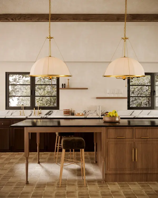 The Crosby chandelier brings vintage parasol elegance to modern spaces with its natural fabric shades and delicate brushed gold details. At 33 inches, it makes a statement without overwhelming, perfect for transitional and coastal-inspired interiors. - alternate view