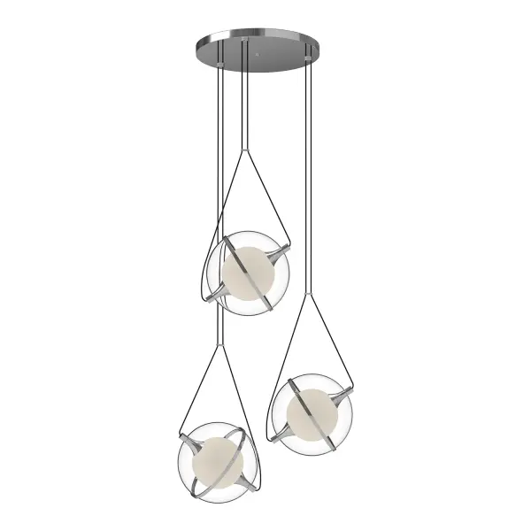 The Aries chandelier features a striking gyroscope-inspired design with floating spheres and frosted glass accents. Its adjustable length up to 120" and integrated LED technology make it a versatile statement piece for modern spaces.